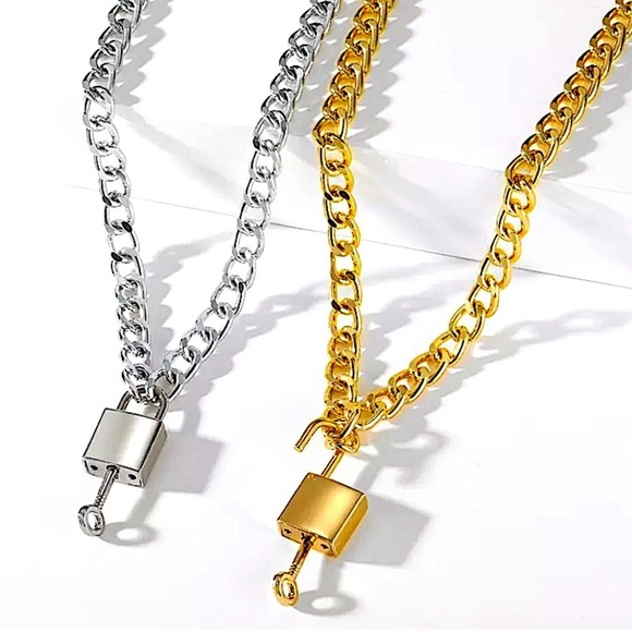 Silver Lock Key Cuban Chain Link Choker - Picture 5 of 10